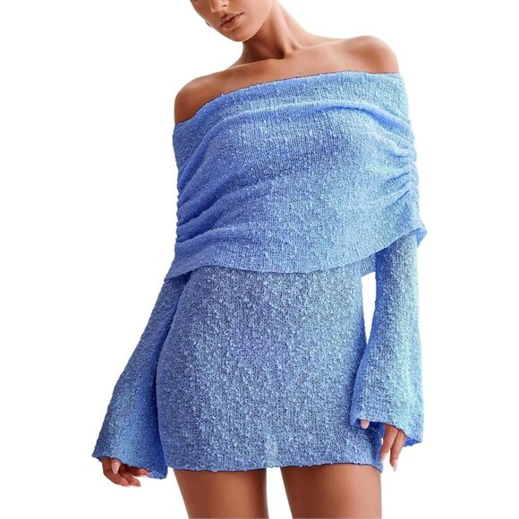 🆕Women's Blue Beach Dress Off Shoulder Sleeve Sexy  Swimwear Bodycon Cover-ups - Picture 1 of 6
